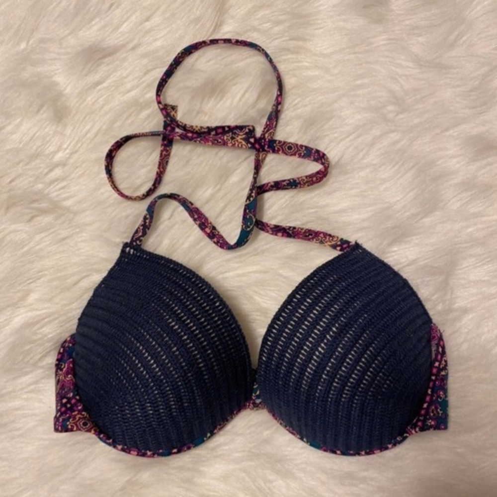 Shade & Shore Bikini Top Womens Size 34D Blue‎ Knit Swimsuit Padded Underwire
